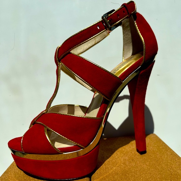 Michael Kors Red and Gold Suede Platform Pumps size 7 - Picture 1 of 2